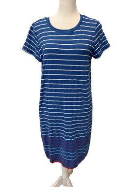 Heyton Blue and White Striped T-Shirt Dress with Red Accent. Medium
